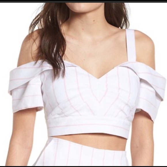 Leith Tops - Leith off the shoulder crop top white and pink
